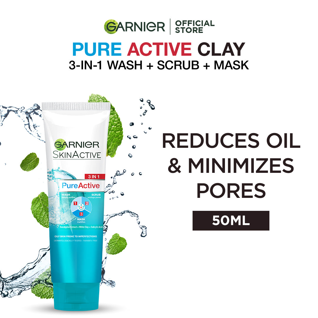 Garnier skin active 3-in-1 clay face wash mask scrub 50ml