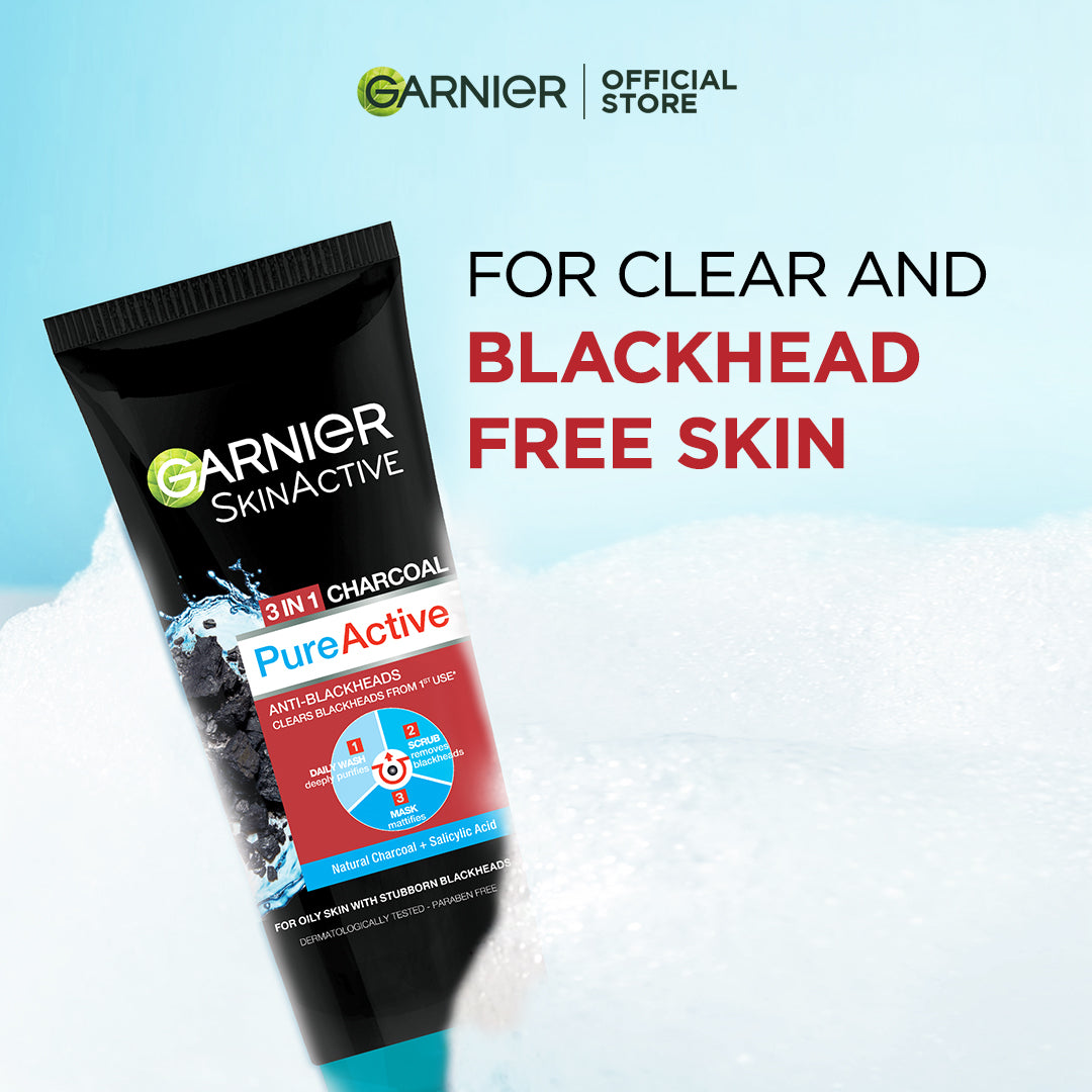 Garnier skin active 3-in-1 charcoal blackhead face wash mask scrub 50ml