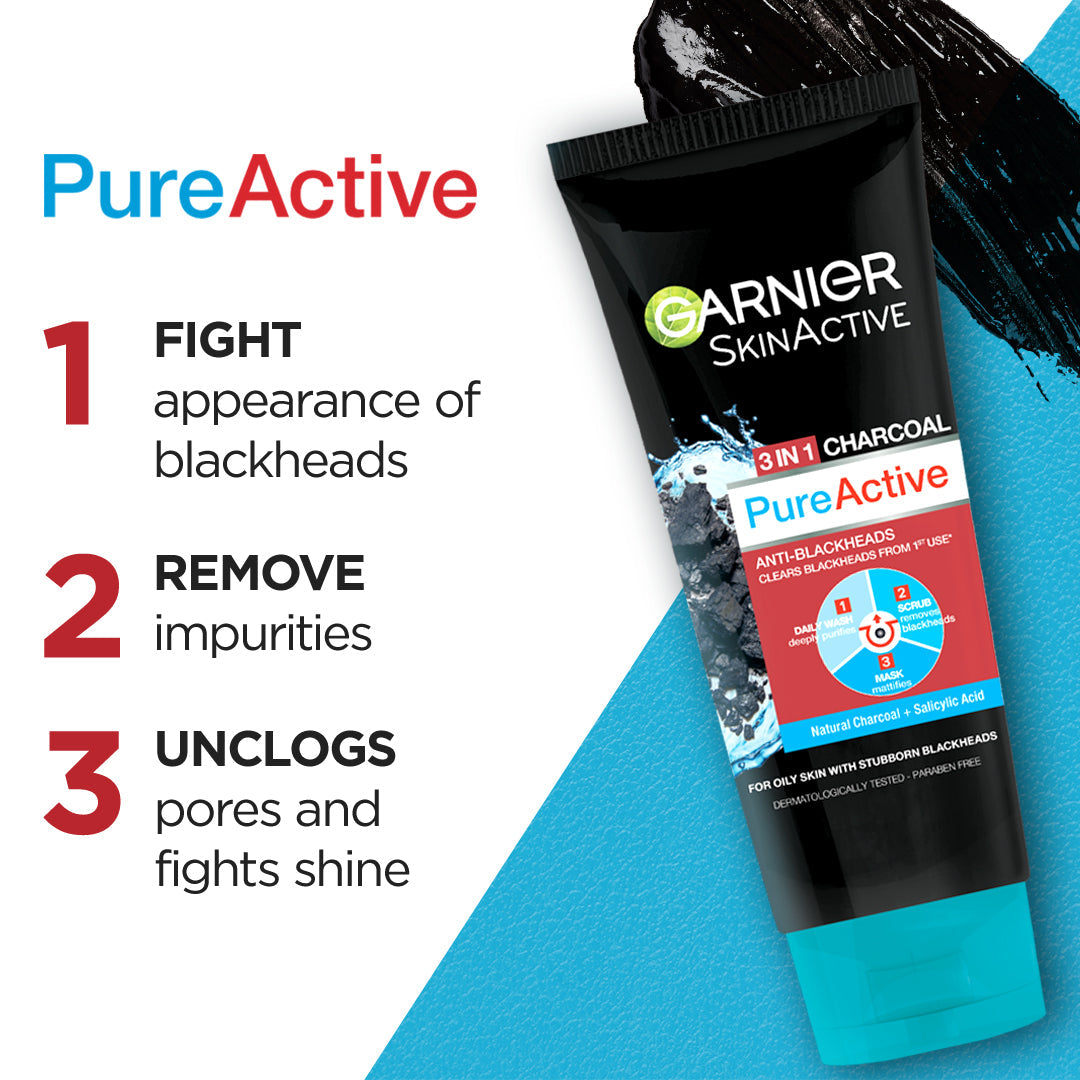 Garnier skinactive 3 in 1 charcoal pure active bleackhead foam 100ml