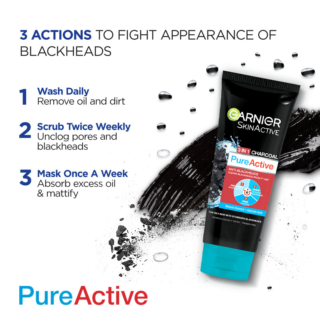 Garnier skinactive 3 in 1 charcoal pure active bleackhead foam 100ml