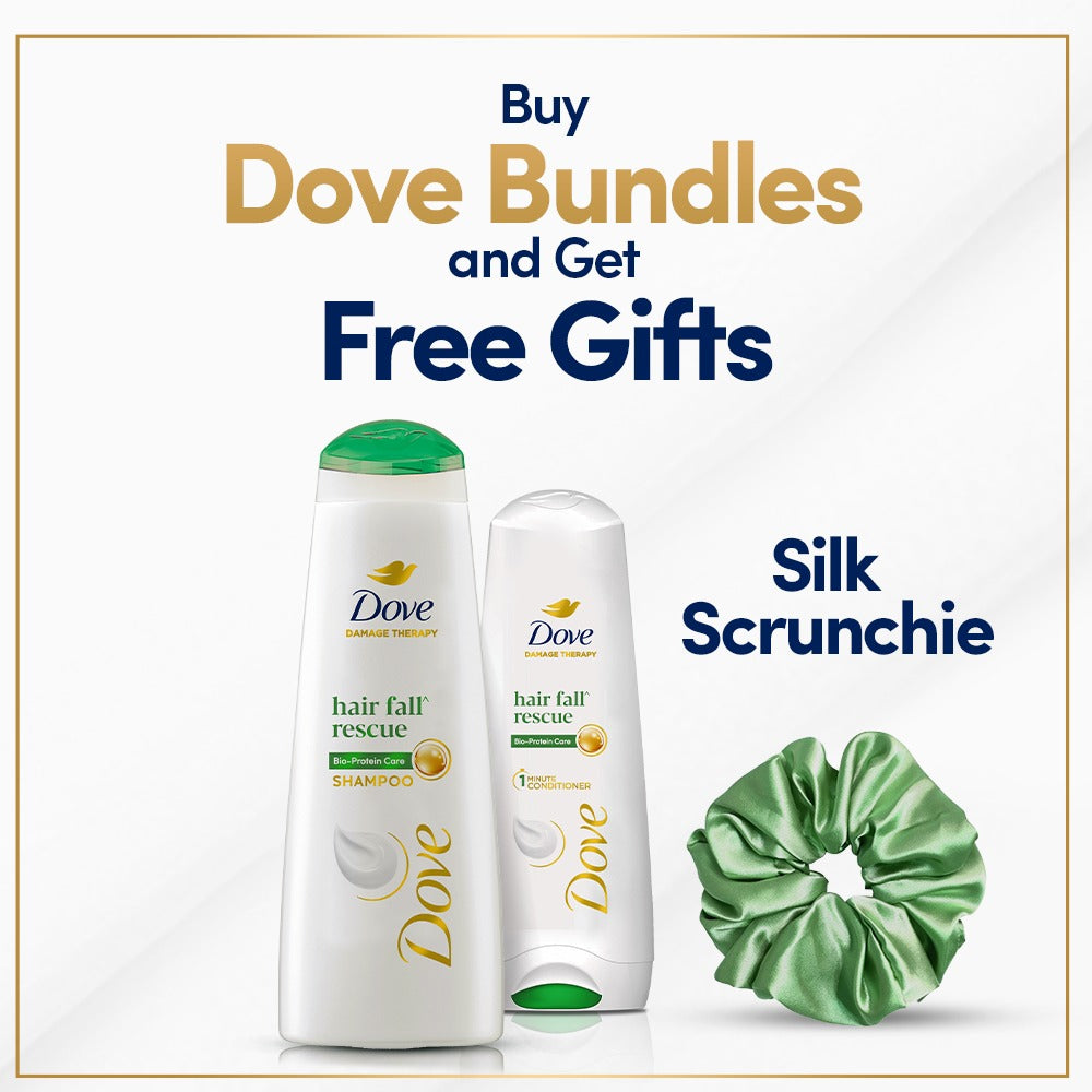 DOVE SHAMPOO  HAIRFAL RESCUE 175ML + Dove Hair Fall Resue Conditioner 180 ml and Get DOVE SILK SCRUNCHY